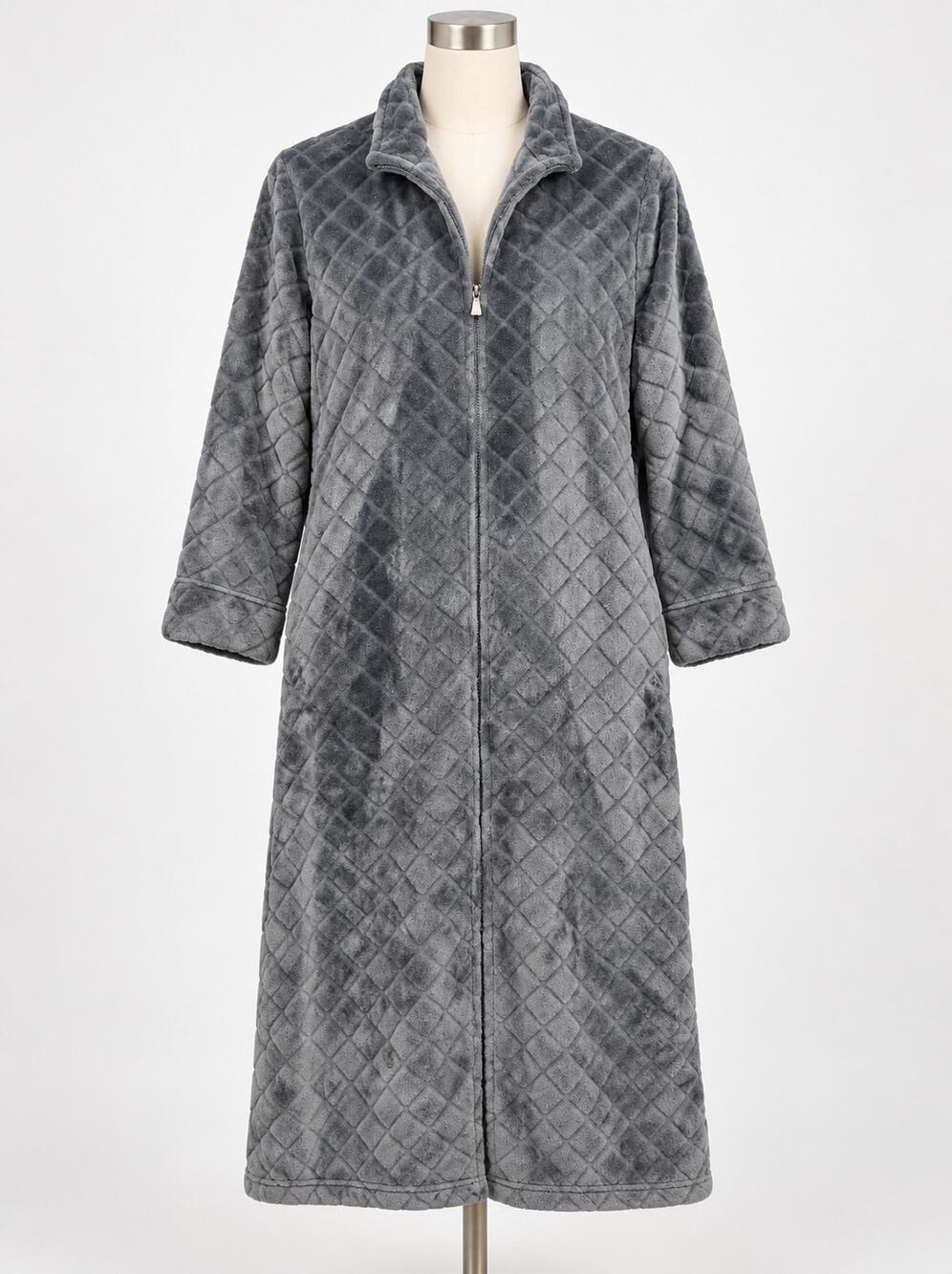 Miss Elaine Women's M Gray Plush Quilted Long Robe Housecoat Full Zip Pockets